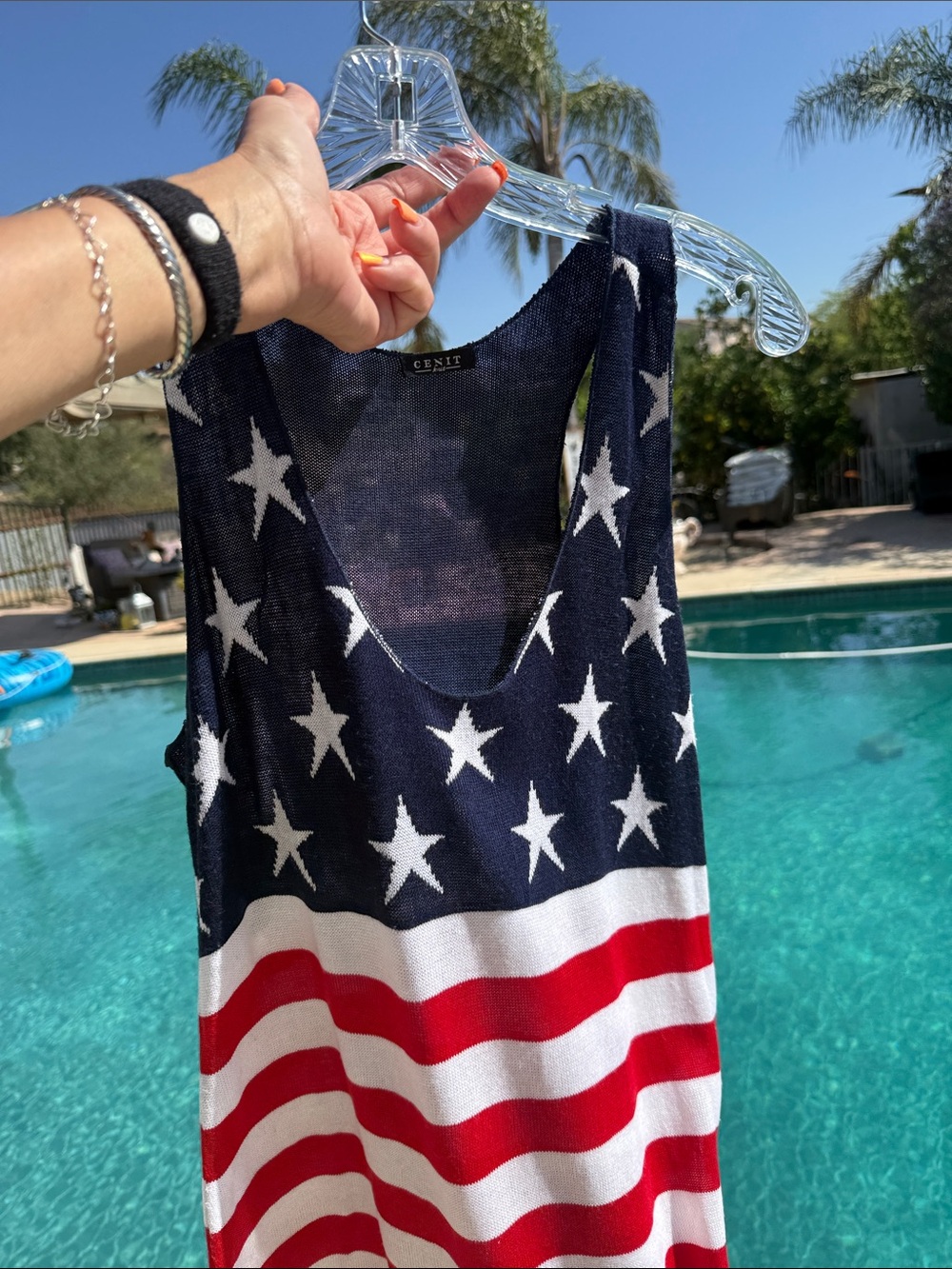 SEXY GENIT Knit Racerback Aline Vneck Navy Patriotic Star Tank dress - Picture 9 of 10